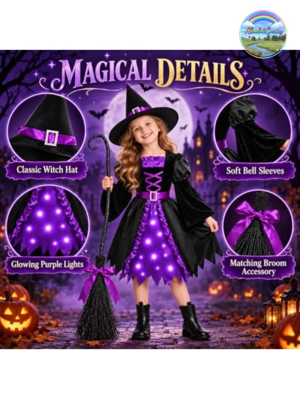 Girls Witch Costume Light-Up Dress with Hat Wand Halloween Role Play